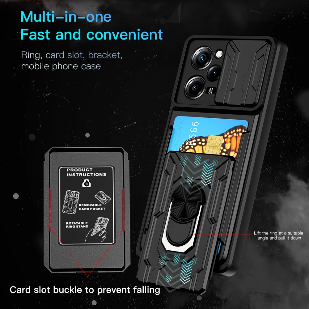 KEYSION Shockproof Case for Redmi Note 12S 4G 12 Pro+ 5G Card Bag Slide Camera Protection Phone Cover for Xiaomi POCO F5 X5 Pro