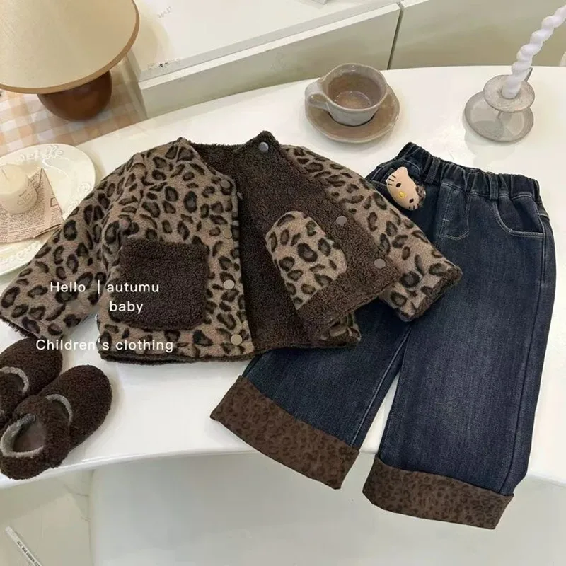 Girls Coat Autumn and Winter New Foreign Style Children's Thick Warm Leoard Print and Velvet Loose Cotton Clothing Girl Jacket