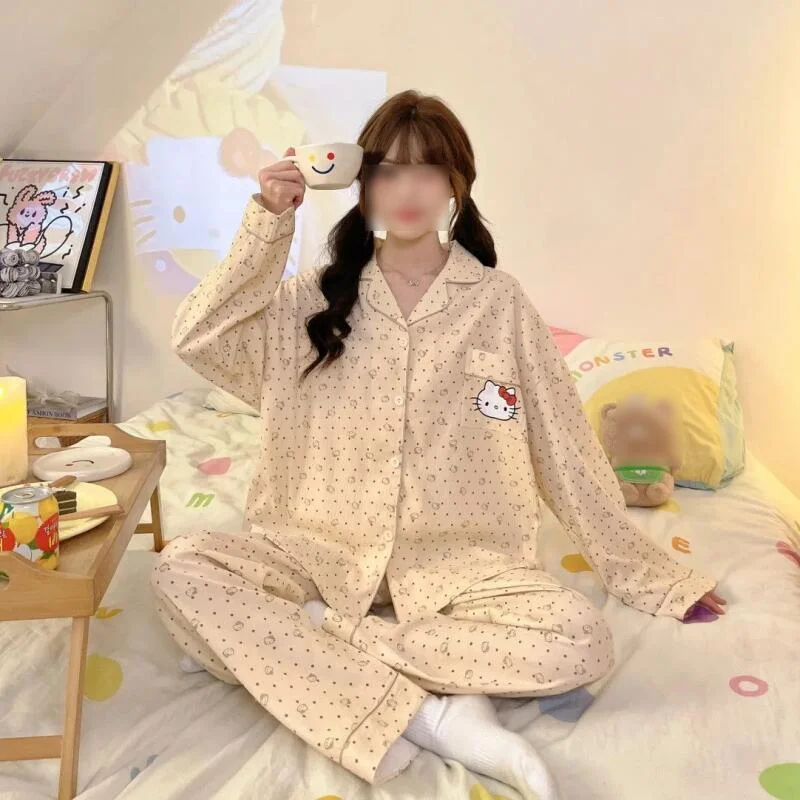 

Sanrio Hello Kitty Women's De Rong Pajamas Kawaii Cartoon Student Winter Long Sleeves Long Pants Thicken Keep Warm Homewear Set