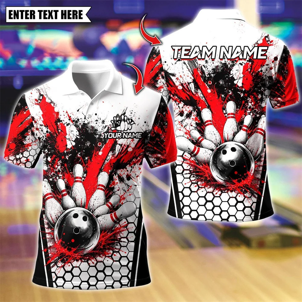 3D Bowling Ball Pins Splash Print Polo Shirt Men Custom Short Sleeve Personalized Team Name Summer Breathable Sports Tops New