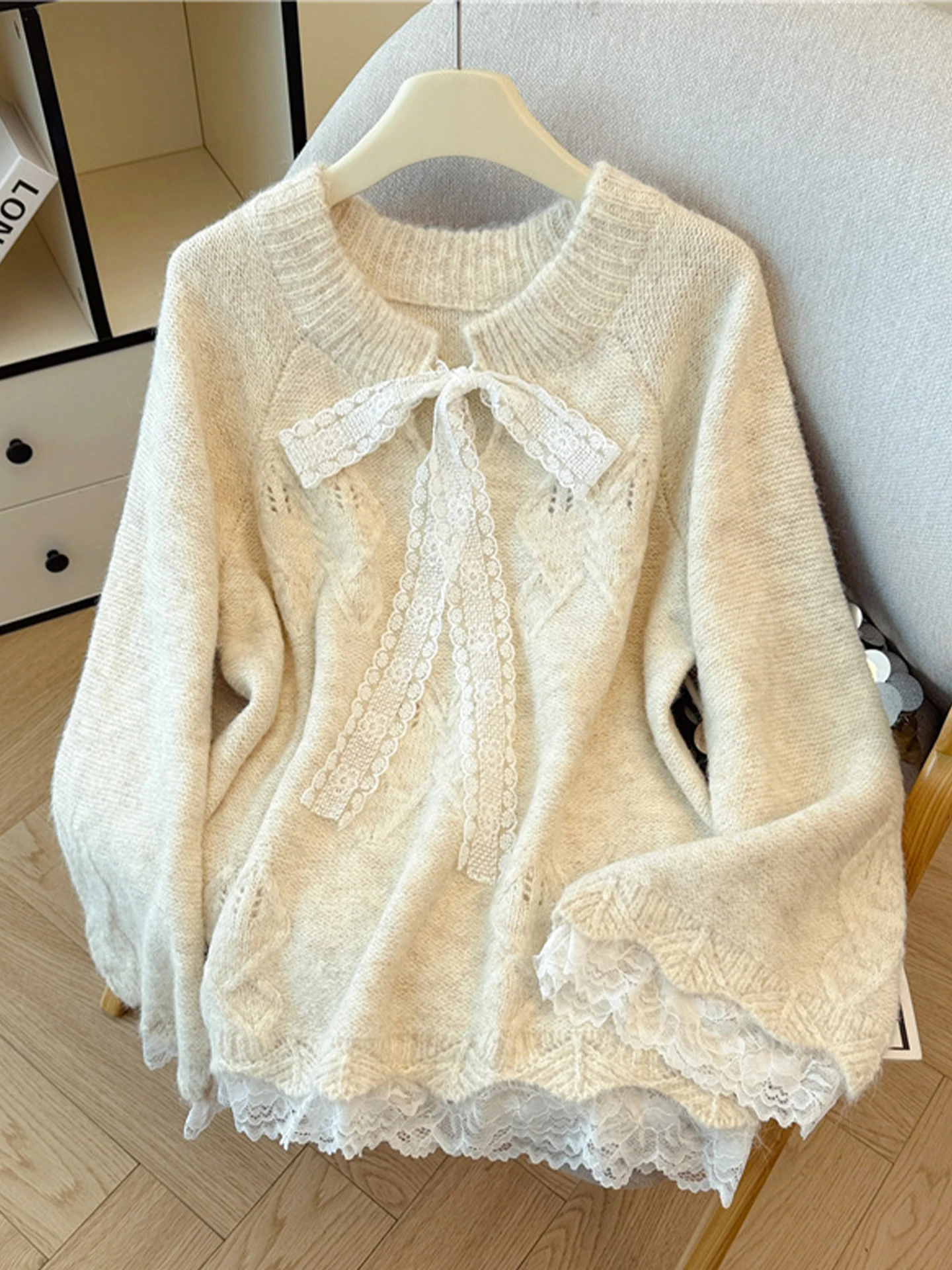 

Lace Knitted Sweater Women's Loose Long Sle Autumn Winter New Lazy Sle Faion Sweet Sle round Ne Long Sve Top