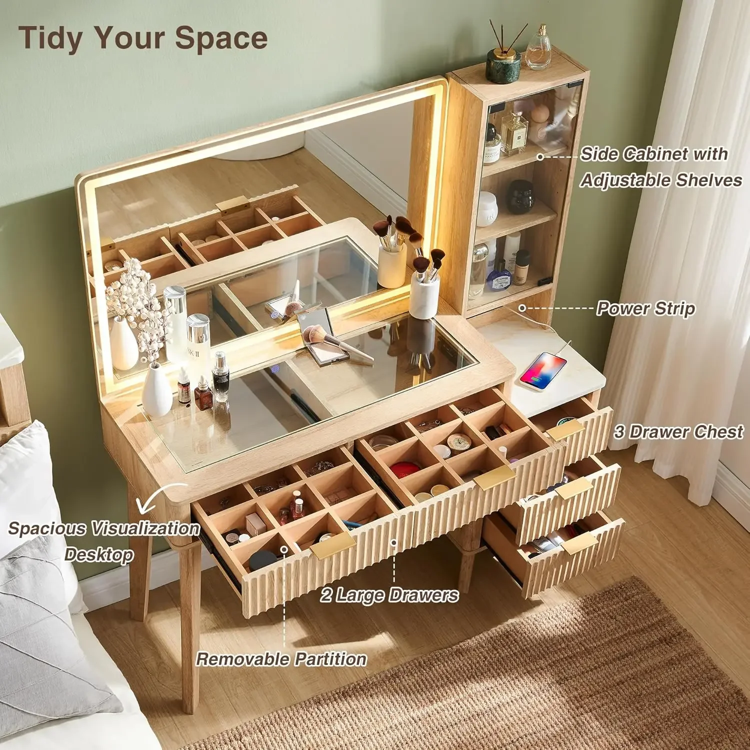 مكتب مكياج حديث مخدد مقاس 48 بوصة مع مرآة وأضواء كبيرة مقاس 36 بوصة، مع 5 أدراج وأرفف قابلة للتعديل، خشب البلوط 2025 جديد #3