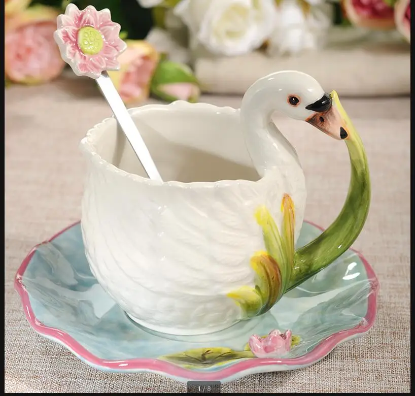 Animal Ceramic Cup with Saucer Spoon Flower Tea Cups Coffee and Set Mug Exquisite Water Gift