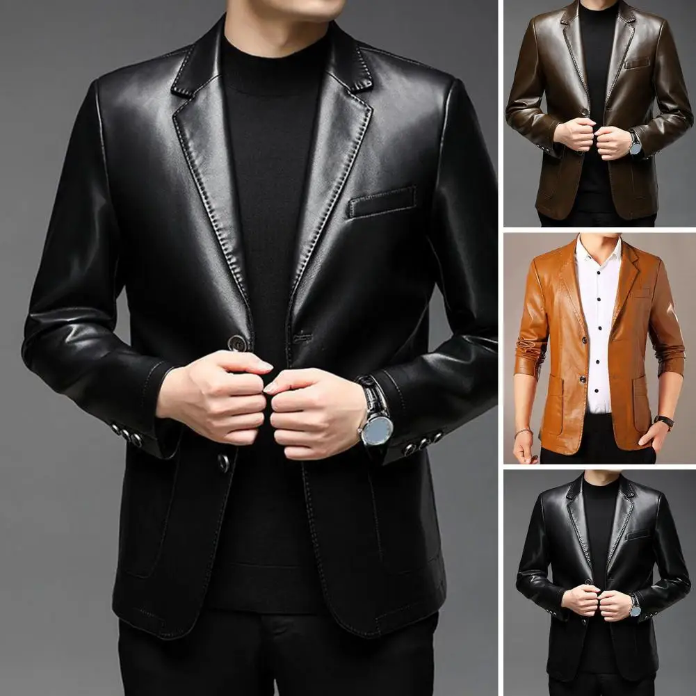 Chaqueta de tela Premium para hombre, abrigo de piel sintética con cuello de solapa, elegante, con puños de botón y bolsillo, para negocios al aire