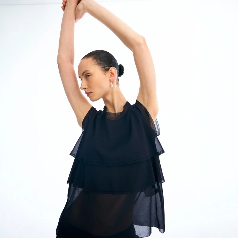 Summer 2026 Women's Sleeveless Top Layered Ruffle Design  Breathable French Style Straight Cut Polyester Blend Shirt