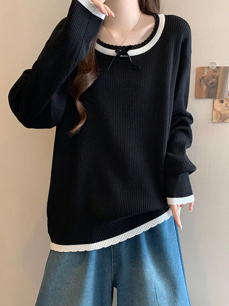 

Женский вязаный свитер с цветными блоками и узлом на горловине, облегающий, черный, базовый слой, весна 2026, новинка