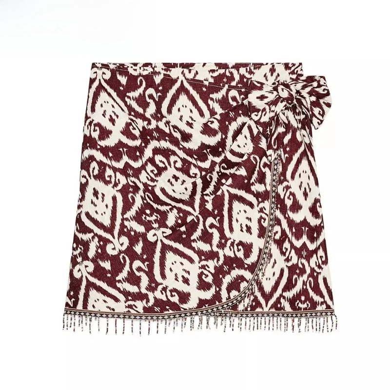 

New Summer Women's High Waist Printed Beaded Tassel Design Holiday Sle A-Line Skirt Commute Stand Fit ort Length