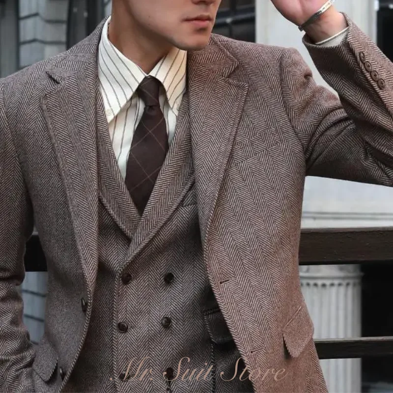 

Мужской костюм-тройка Bloodbath Gangster из грубого твида с узором «елочка» в стиле ретро, британский двубортный жилет, теплый осенне-зимний формальный