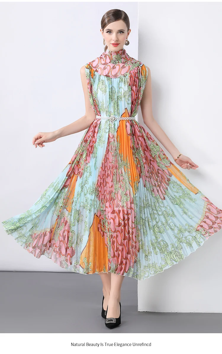 Robe ethnique élégante en mousseline de soie fluide, imprimé Floral, col Semi-haut, sans manches, pour femmes, amincissante, plissée, été, 2025