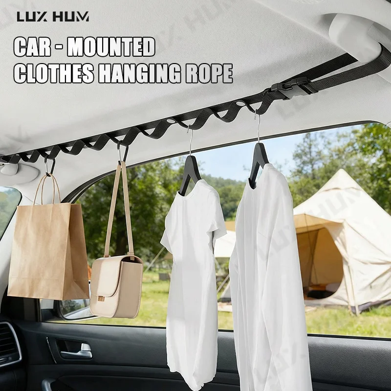 Corda Portátil para Pendurar Roupas no Carro, Organizador Multifuncional de Varal para Interior de Automóveis, Ideal para Acampamento e Viagens, Grande Capacidade de Carga