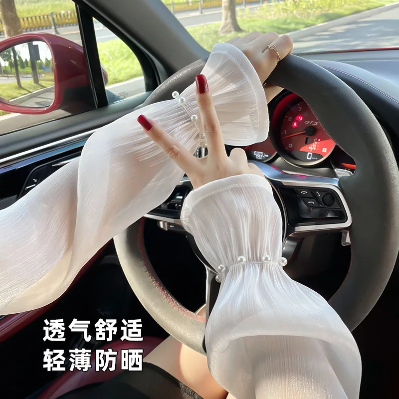 Wholesale Oversized Loose Ice Silk Sun Sleeves Pearl Elastic Cuff UV Proof Arm Cover for Cycling Driving Outdoor Sports