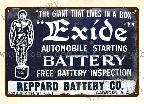 EXIDE AUTOMOBILE STARTING BATTERY metal tin sign living room garage wall
