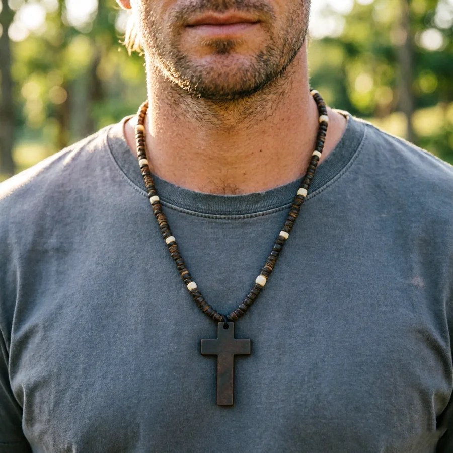 Vintage Jesus Wooden Beads Cross Necklace For Men Women Pendant Jewelry