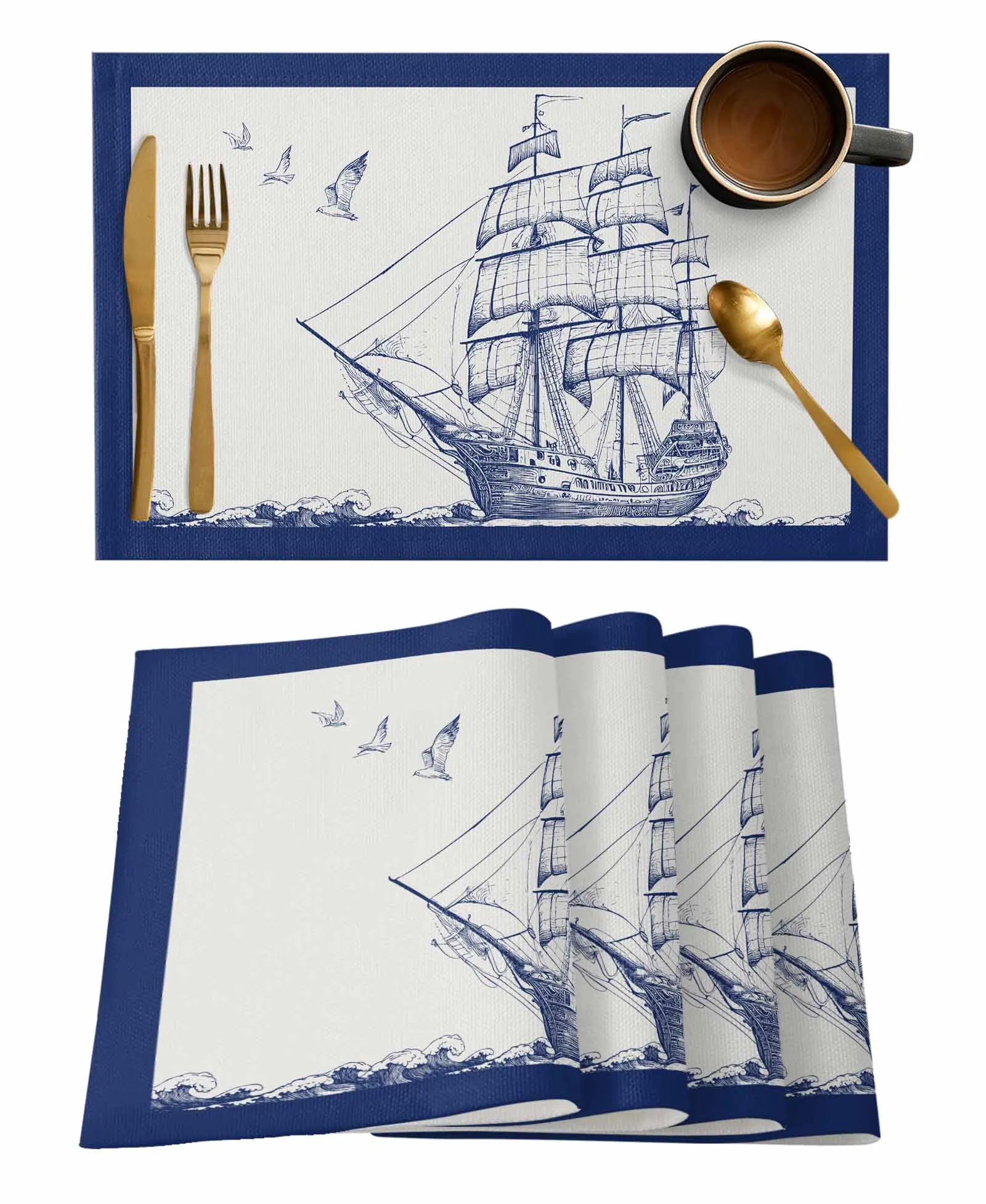 Vintage Sailing Ship Seagull Placemat Wedding Party Dining Decor Linen Table Mat Kitchen Accessories Table Napkin