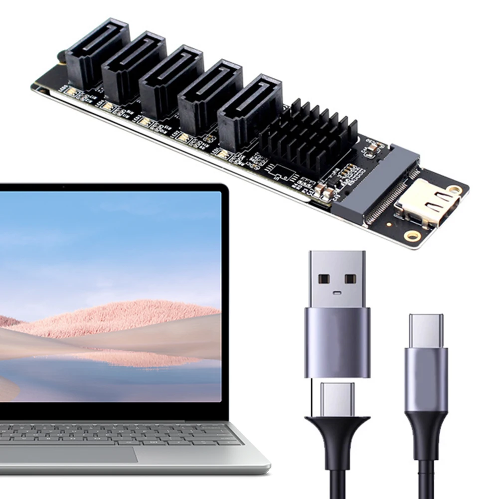 Type C To 5-Port SATA 3.0 Adapter Card 6Gbps JM575+JMS580 Chip Type C To 5-Ch SATA 3.0 Expander Plug and Play Converter Card