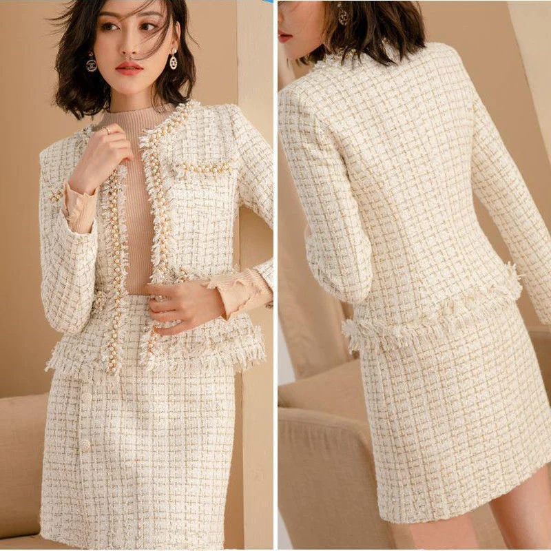 Autumn Winter Women Plaid Short Set Pink White Slim Tweed Jacket + Half Skirt Female Two-Piece Suits with Pearls