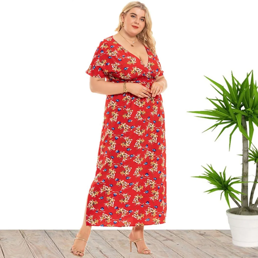 Plus Size New Arrival gorąca wyprzedaż z krótkim rękawem w szpic kwiatowy nadruk letnie artystyczne sukienki plażowe na co dzień dla dużych