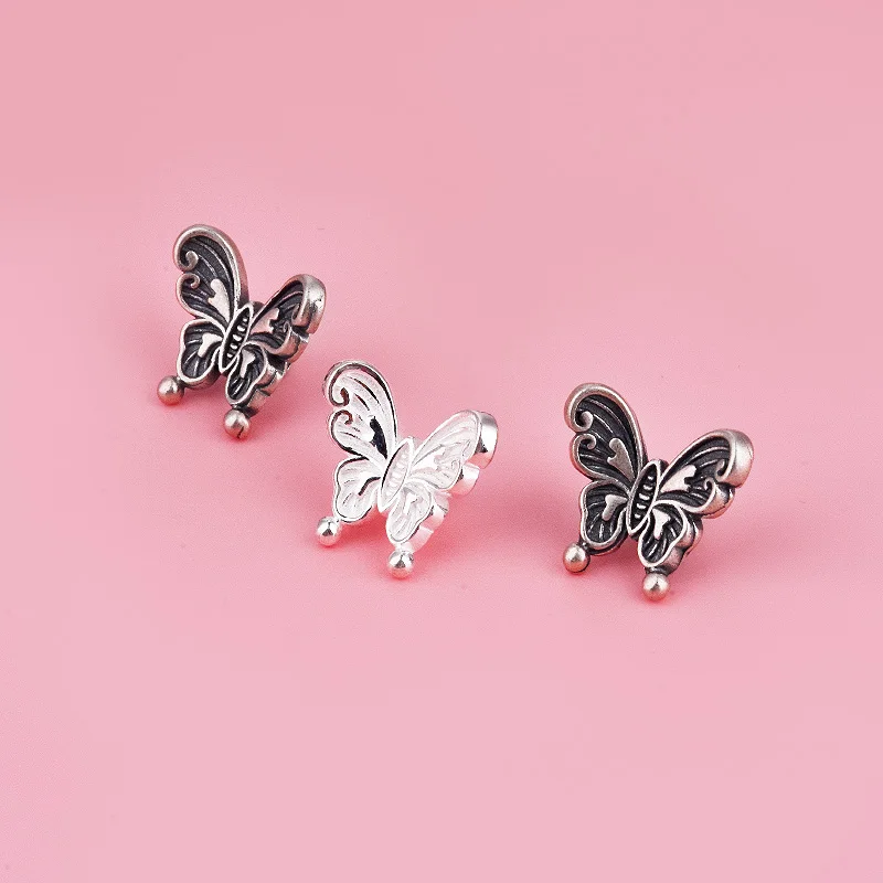 S925 pure silver Thai silver fine workmanship Butterfly button woven rope bracelet Beaded handmade diy accessory