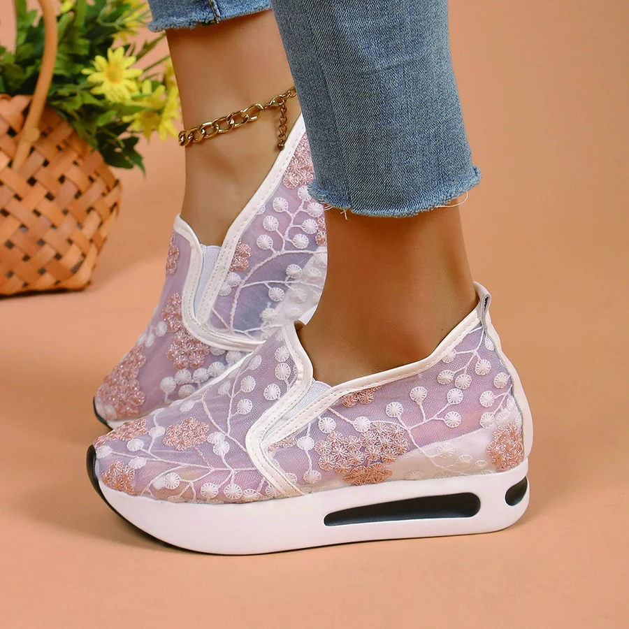 Breathable Mesh Wedge Sneakers Summer Hollow Out Sport White Shoes Woman Wedge Casual Chunky Shoes High Platform Dad Shoe Mujer