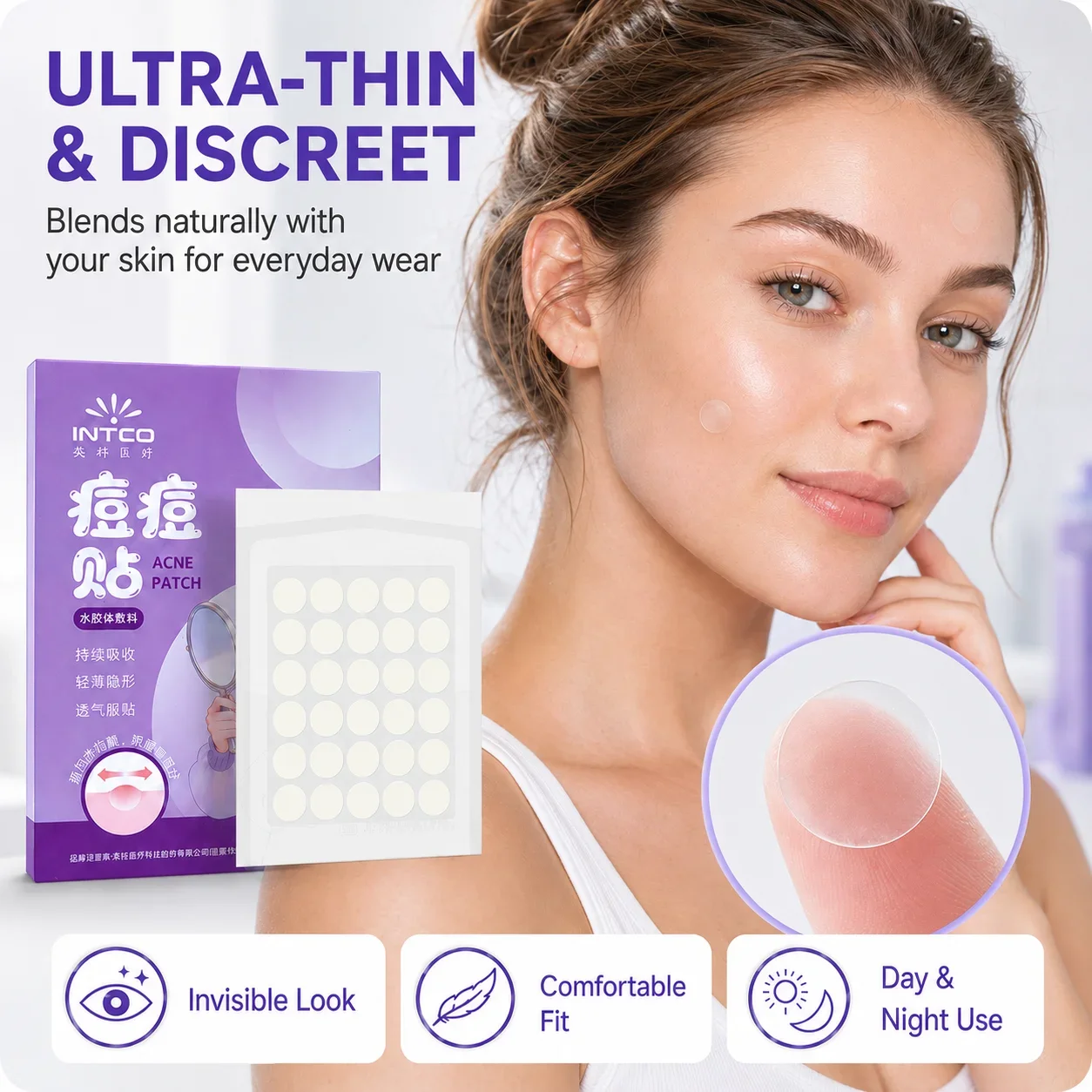 INTCO Hydrocolloid Acne Pimple Patch 36 Counts Salicylic Acid Centella Asiatica Ultra Thin Invisible Blemish Cover Sticker for F