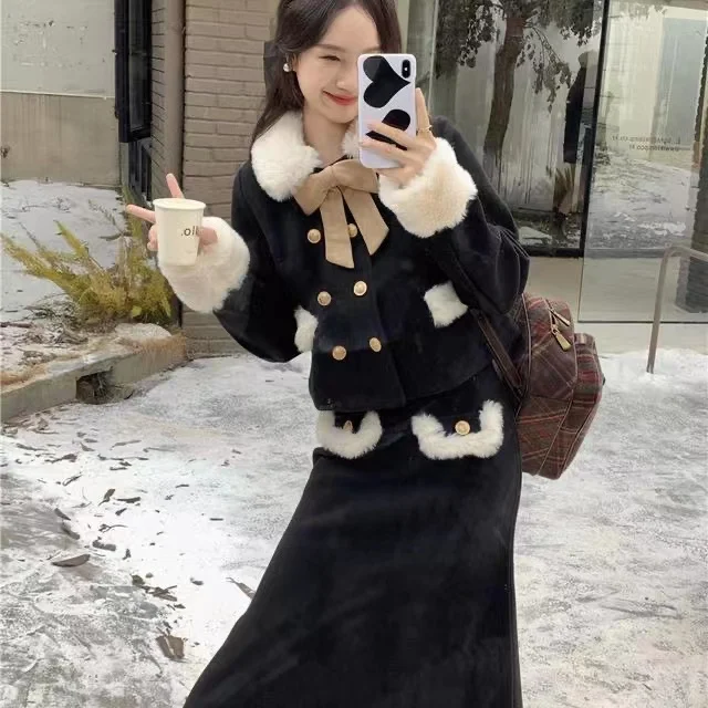 Elegant Fur Collar Black Wool Coat Rich Heiress Suit Set Women's Winter A-line Skirt Long Skirt Two-piece Set Fashionable Trendy