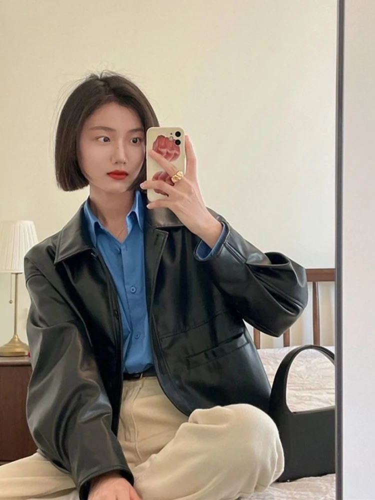 Black Casual PU Leather Jacket Women Fashion High Street Leather Jacket Female Korean-style Retro Motorcycle Coat 2025 Autumn