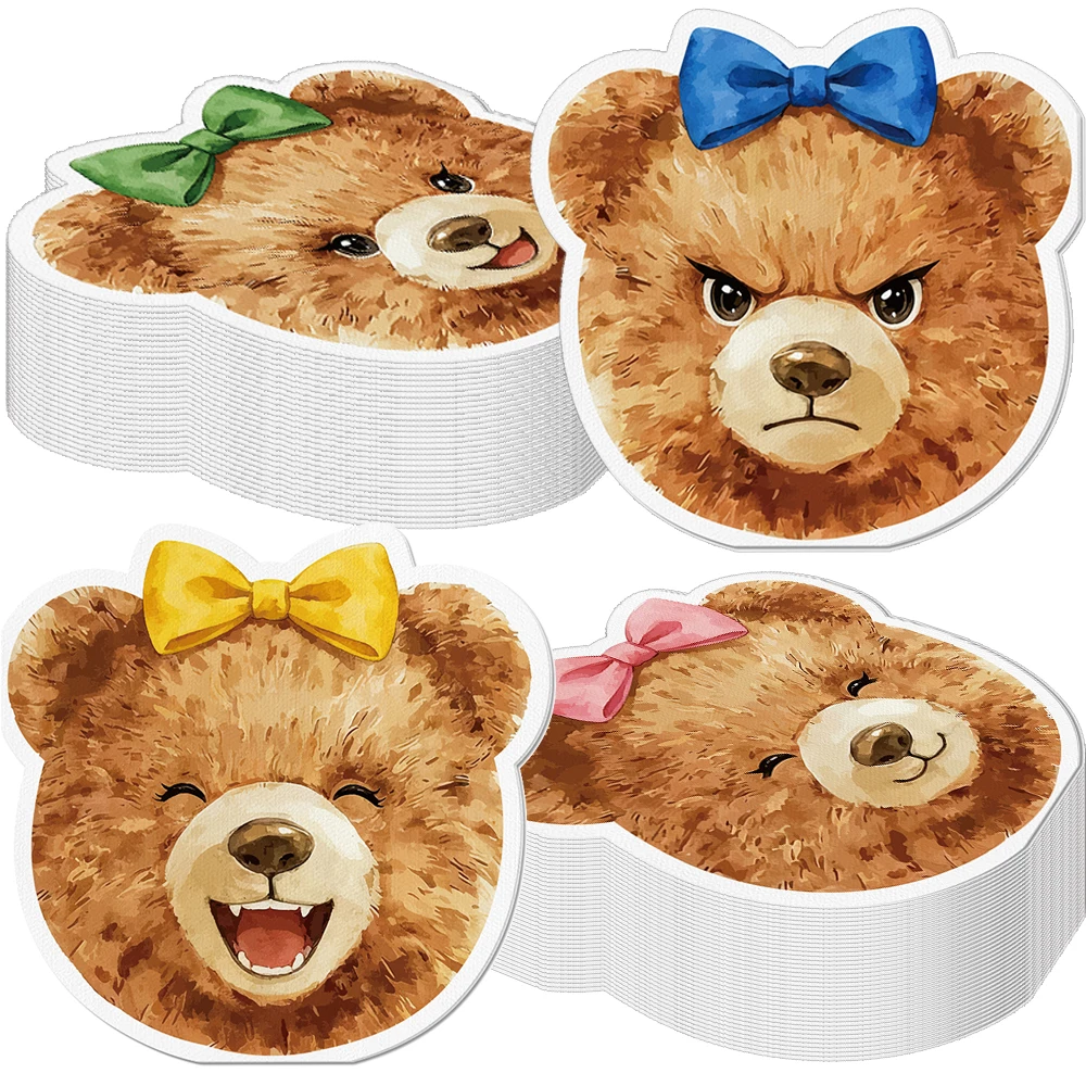 Teddy Bear Disposable Paper Napkins Colorful Bow Bear Face Printed Napkin for Bear‑Theme Birthday Party Table Decor Supplies