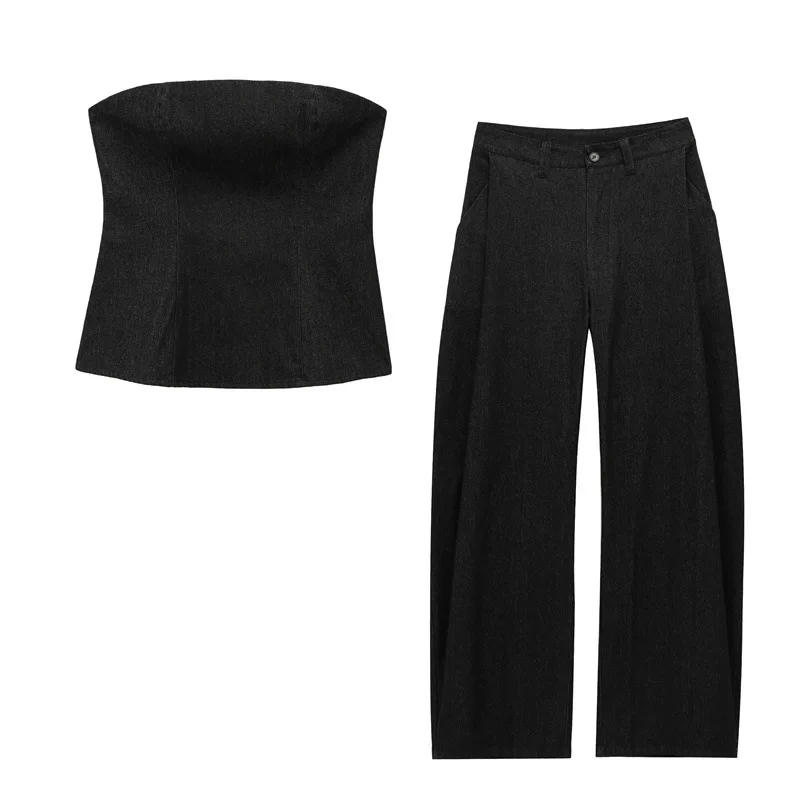 

Женский джинсовый топ с запахом на груди и плиссированные брюки, модный комплект из двух предметов
