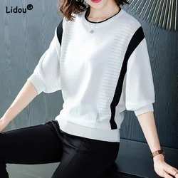 Camisetas lisas de cuello redondo para mujer, Tops elásticos de media manga de retazos informales, ropa Simple Retro elegante de punto para primavera y otoño