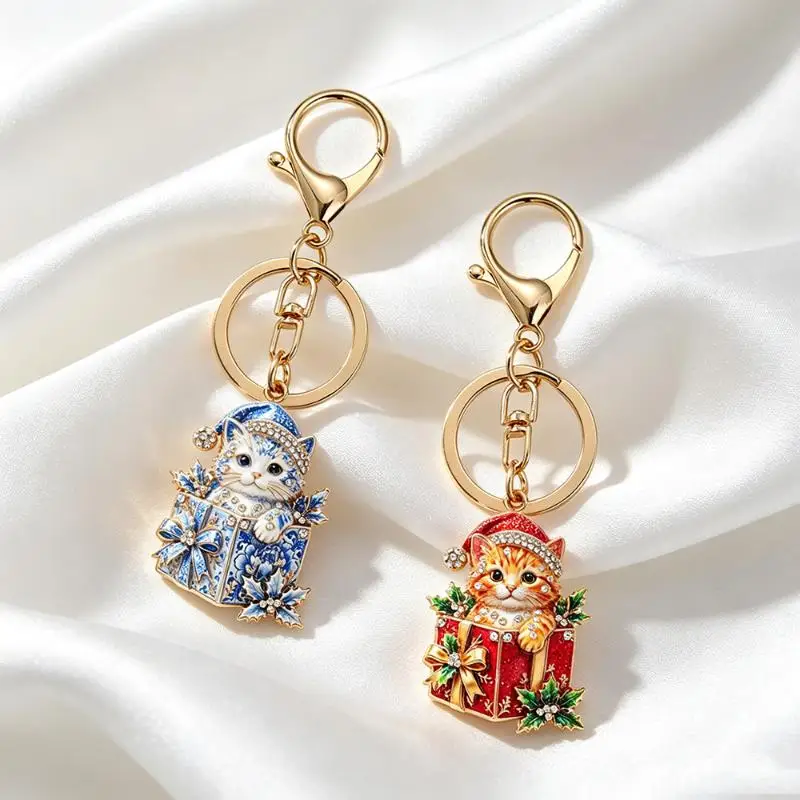 Niedlicher Weihnachtsgeschenk-Box-Katzen-Schlüsselanhänger für Damen und Herren, zweifarbiger Neujahrs-Schlüsselanhänger, modischer Schmuck, Geschenkidee – Detail 3