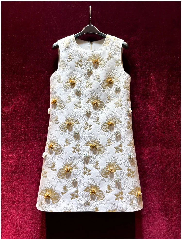 

European and American women's clothes 2024 spring new Round neck sequins beaded Sleeveless white jacquard Fashion dress