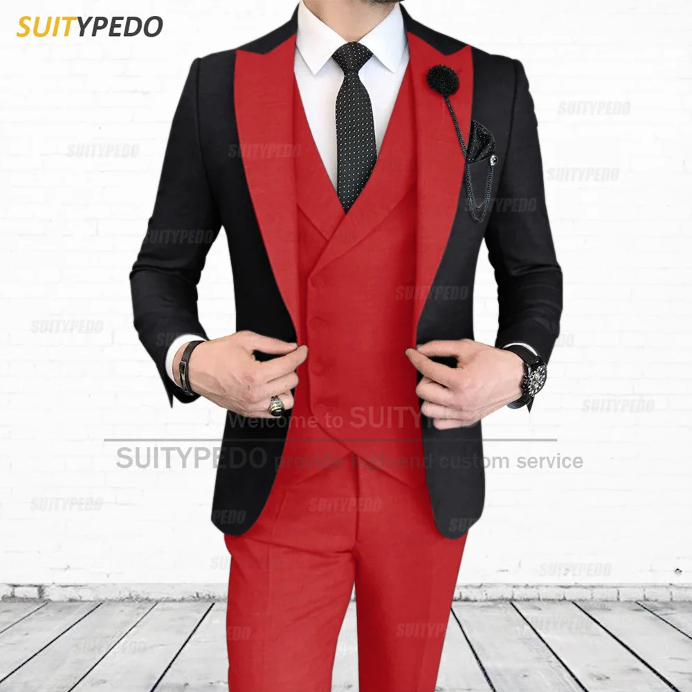 

Fashion Black Red Suit for Men Slim Fit Formal Prom Wedding Blazer Vest Pants 3 Pieces Casual Mens Tuxedo Set New Designs Jacket