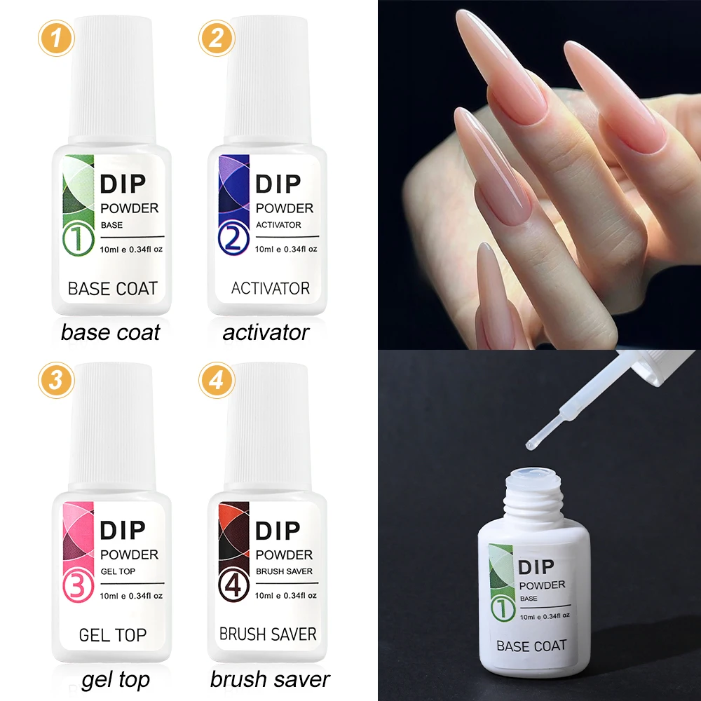 4Pcs/Set 4-Step Dipping Nail Powder System Liquid (10ml/Bottle) Base Coat/Top Coat/Activator Brush Saver Dip Powder NO Lamp Cure