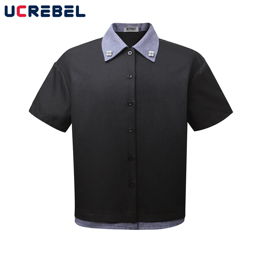 

Fake Two Pieces Short Sleeve Shirts Mens Pearl Decoration Summer Retro High Street Single Breasted Lapel Loose Shirts Men