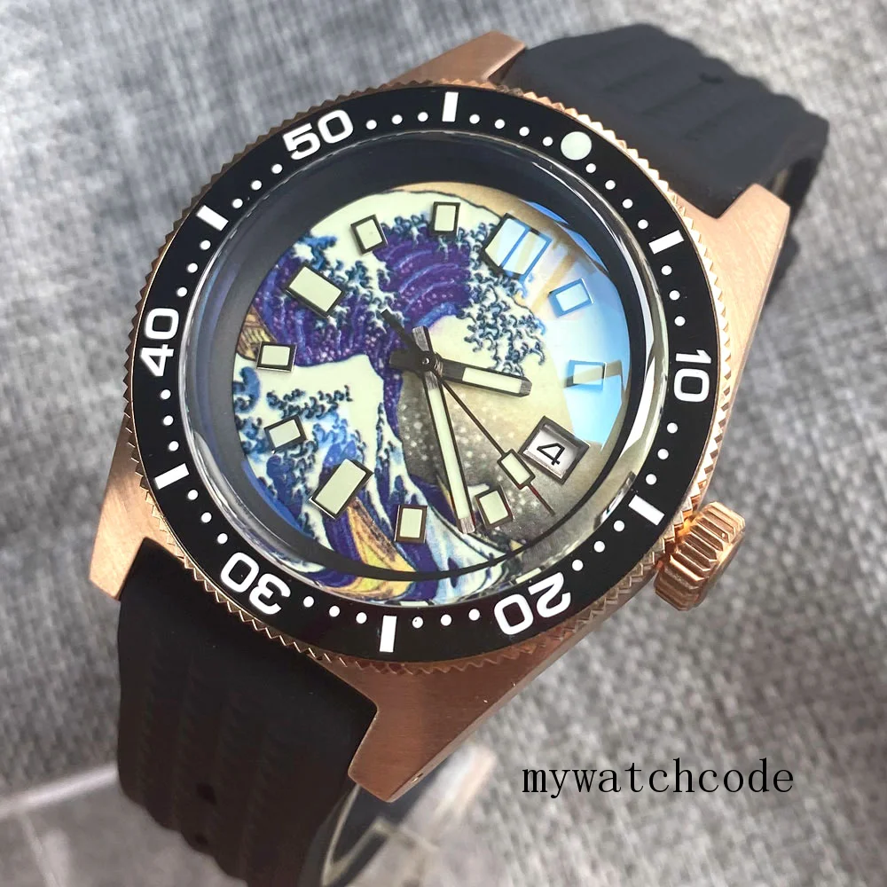 Divers Real Bronze Kagawana Automatic Watch for Men C3 Luminous Waterproof Clock AR Sapphire Crystal Waffle Band Reloj Hombre