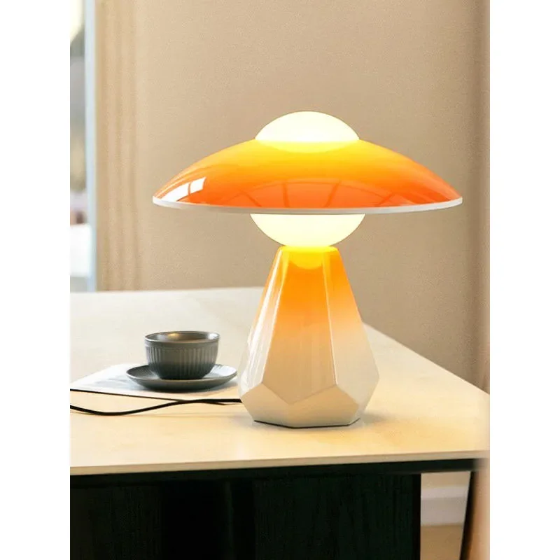 Orange Mushroom Table Lamp Wrought Iron Base Gradient Glass LED Night Light Modern Bedroom Bedside Decorative Atmosphere