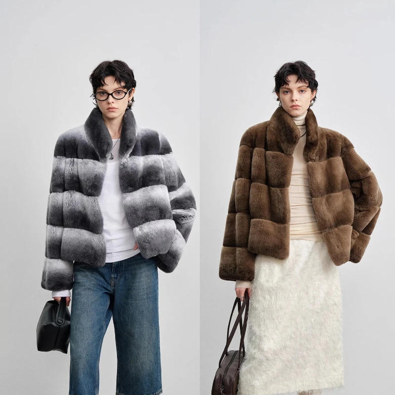 YOLANFAIRYchinchilla pelle di coniglio vera pelliccia collo cappotti donna inverno Pelliccia intera integrata manica lunga giacca di pelliccia stile semplice2025