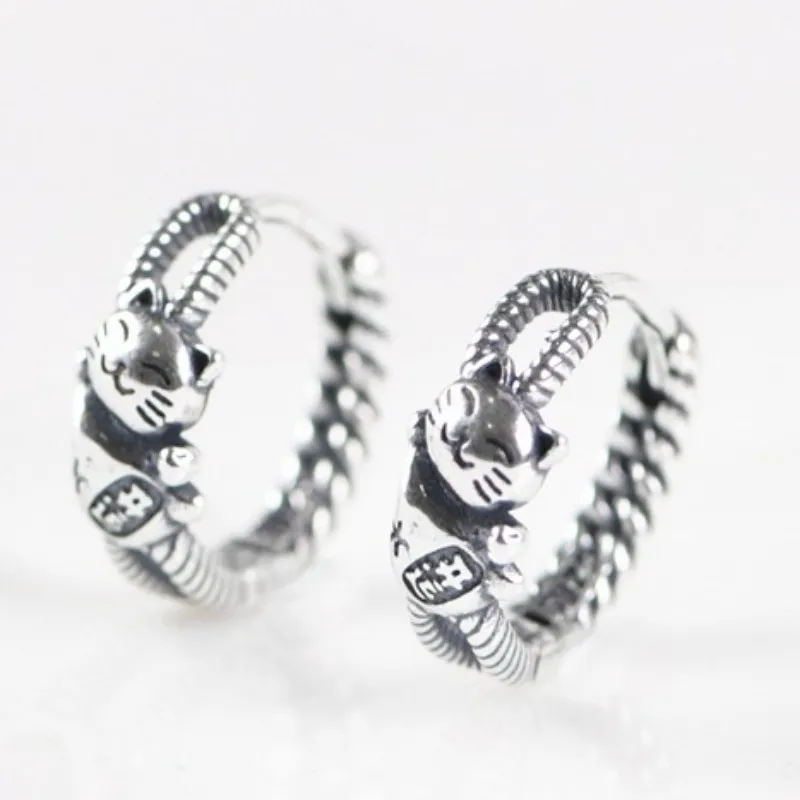 S925 Sterling Silver Studs Earrings New Fashion Luck Litter Cat Twist Ear-studs Solid Argentum Punk Ear Jewelry for Women