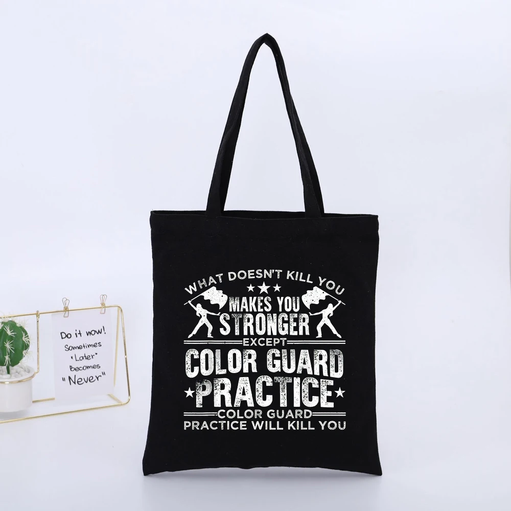 Color Guard Enthusiast's Slogan Print Black Canvas Tote Bag, Casual Style for Daily Practice and Events