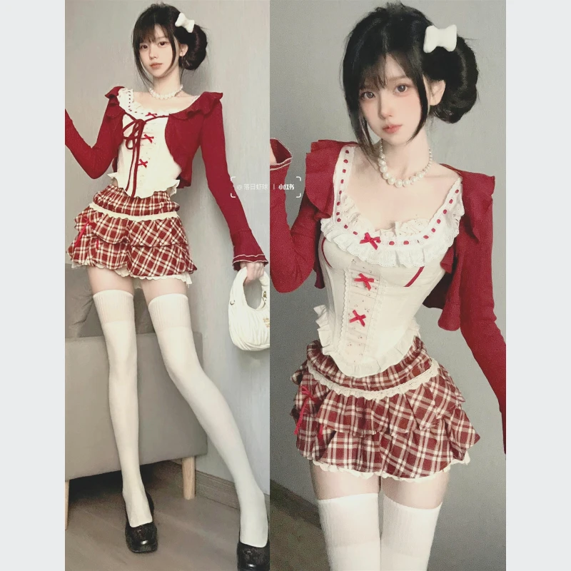 

Vintage Girly 2025 Red Ruffle Edge Strap Cardigan Lace Splicing Vest Top Plaid Skirt Three-piece Set Naughty Costumes Sexy