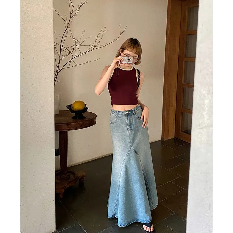 Spice Girls\' High Waisted Denim Long Skirt A-line Slimming Fishtail Skirt Casual Blue and Black Spring and Summer New 2024