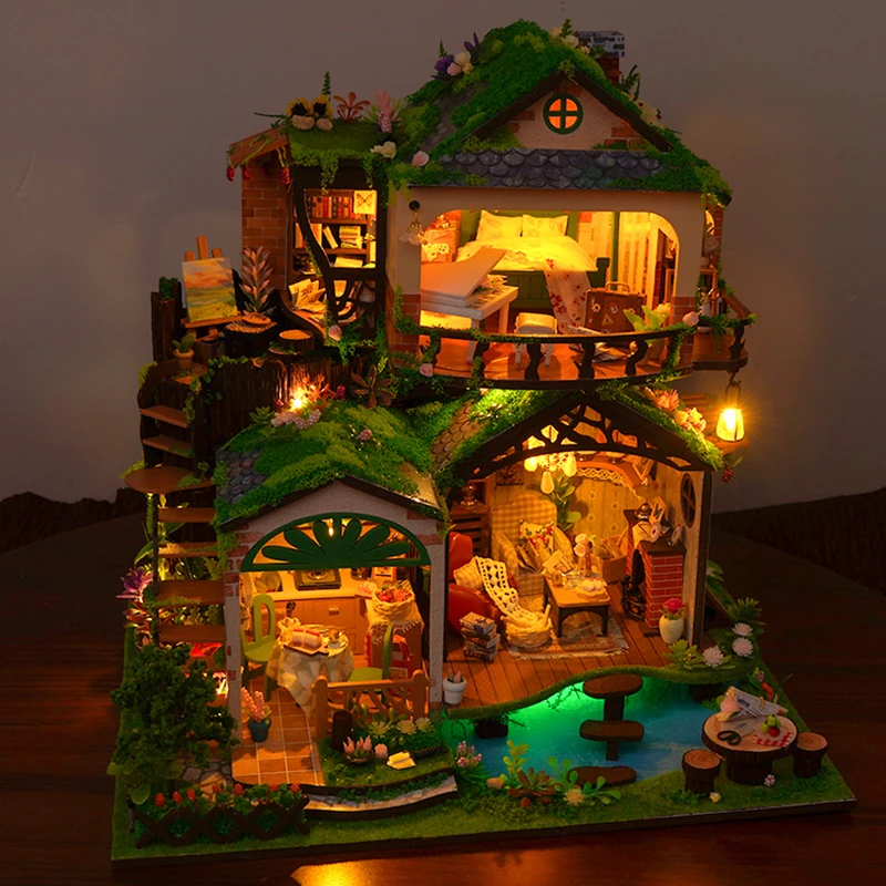 Kit modello in miniatura in legno fai-da-te Foresta Fiaba Villa Puzzle 3D Case delle bambole con luci per mobili per regali di compleanno di amici