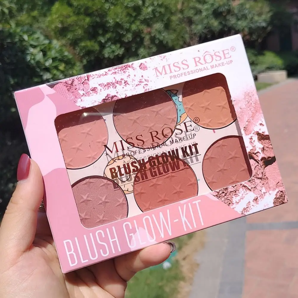 Colorete en polvo resistente al agua, efecto iluminador, paleta de maquillaje de larga duración, paleta de rubor de 6 colores mezclable, uso diario