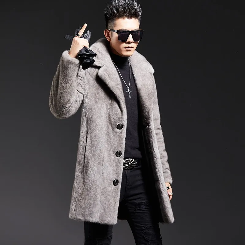 Men Mid Lenth Faux Fur Coats Solid Overcoats Notch Lapel Collar Long Sleeve Single Breasted Straight Casual 2025 Autumn Winter