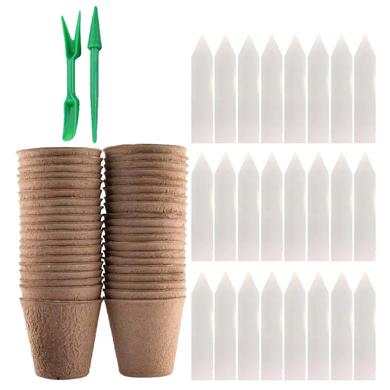 MAKE-50 Pack 3,15 inch turfpotten met 50 plantenlabels Outdoor tuin kieming kinderkamerpotten, biologisch afbreekbare zaadpotten kits
