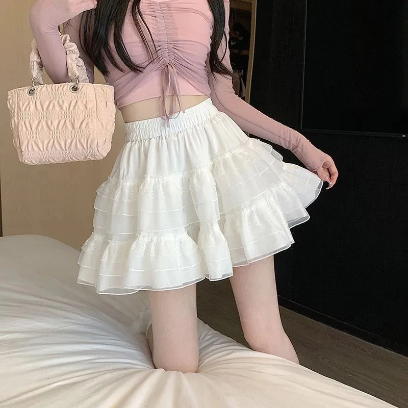 New In Clothes Sweet Korean Casual Summer Trend White Lace Cake Mini Skirt Ballet Syle High Waisted Mesh Canopy Short Dress