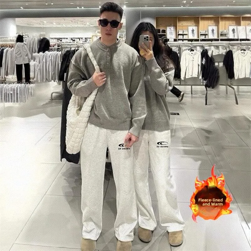 

American Sle Loose ey White Fce Lined Casual Trousers Men Winter Trendy Brand Letter Print Match All Couples Personali...
