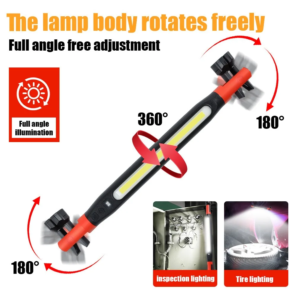 High Lumen Rechargeable LED Work Light for Car Emergency Repair, Powerful Magnetic Flashlight with Hooks and Magnetic Base