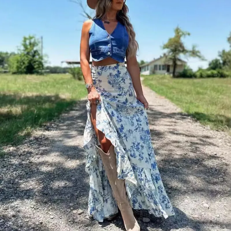 

Summer Fashion Vacation Blue Floral Skirt 2025 Autumn New High Waist Split Big Hem A-line Ruffle Irregular Long Skirt Vestidos
