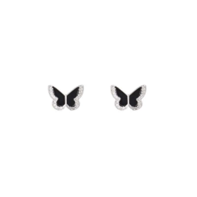 أقراط صغيرة مرصعة بالجانب الكريستالي للنساء ، أحمر ، أسود ، مينا أبيض ، فراشة صغيرة ، شكل حيوان جميل ، صغيرة